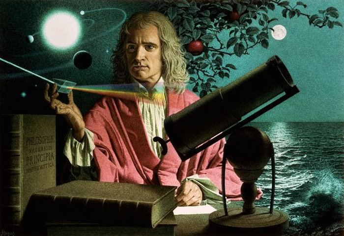 Isaac Newton drží optický hranol a provádí pokusy.