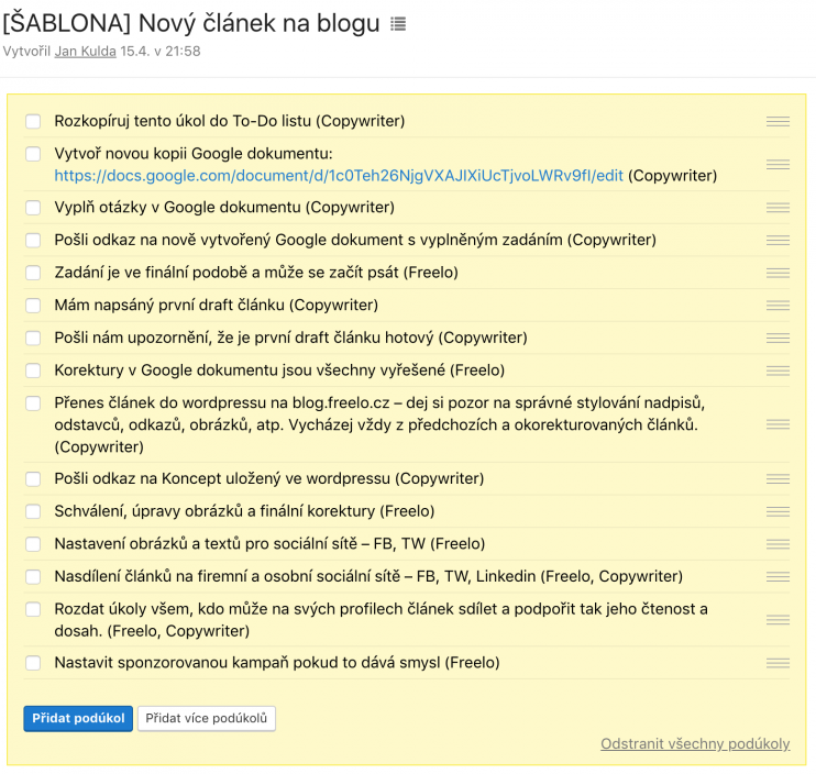 Ukázka plochého procesu při psaní článku u nás na blogu Freela.