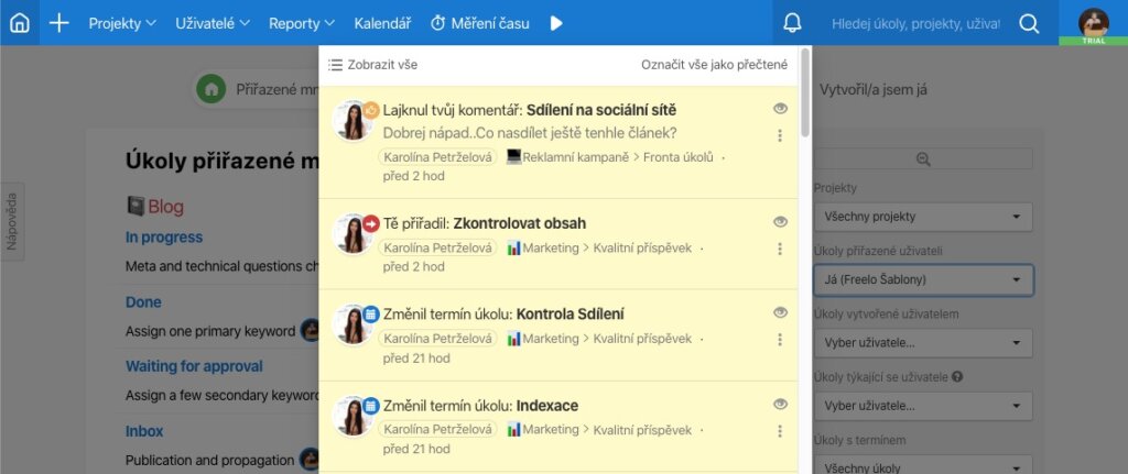 Ukázka notifikací z Freela.
