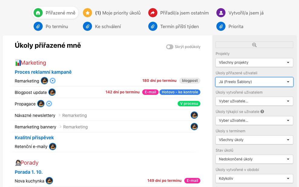 Ukázka úkolů napříč projekty na Dashboardu, řazených dle termínu.