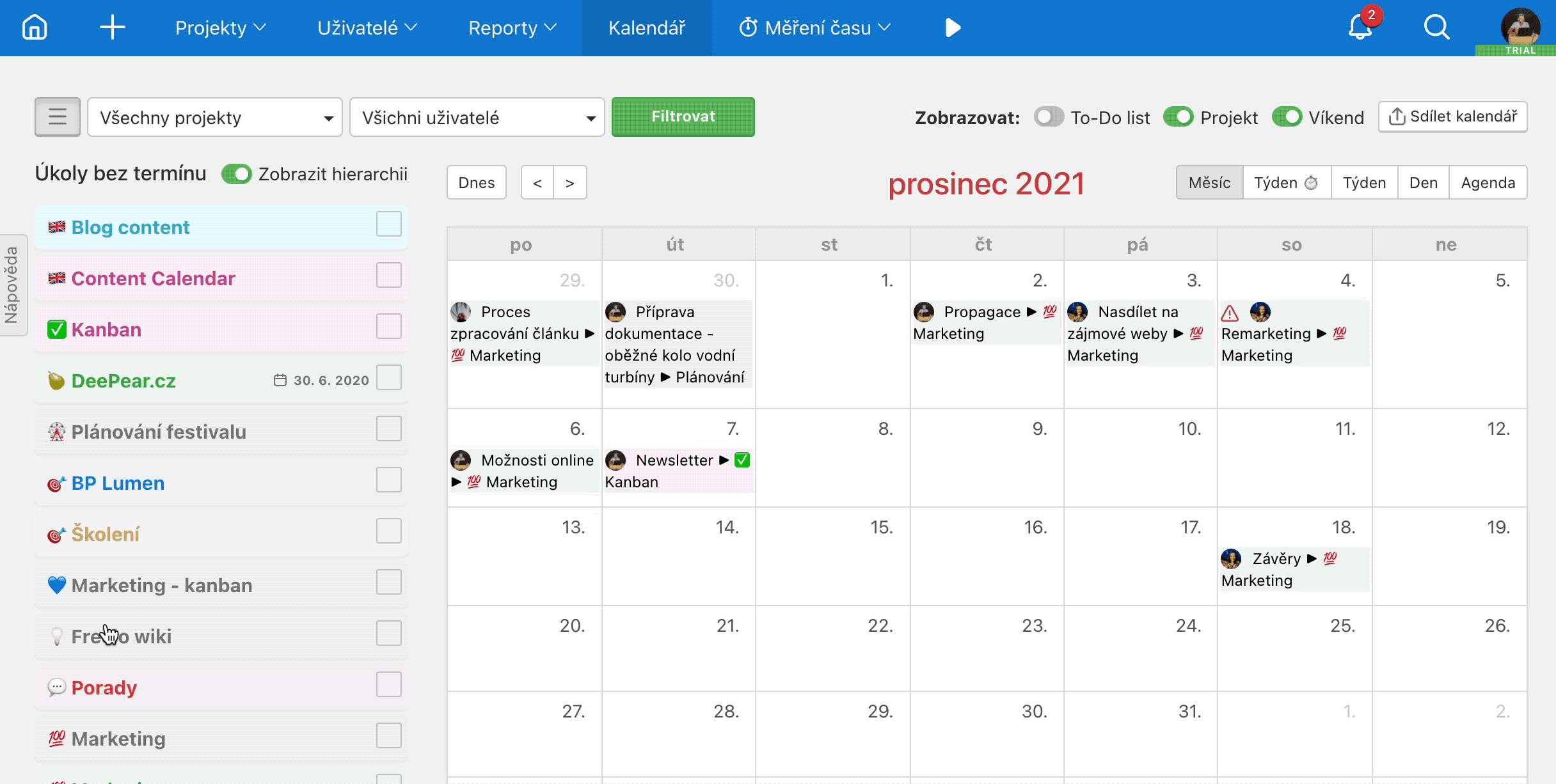 Ukázka plánování úkolů bez termínu tažením na konkrétní dny v kalendáři.