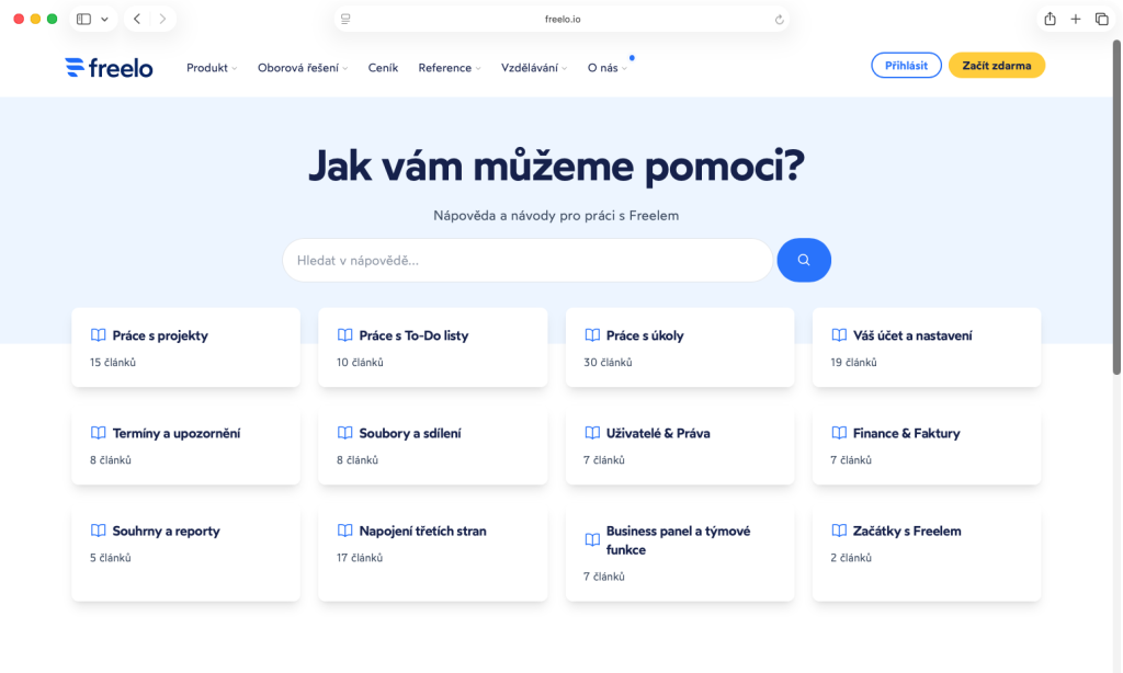 Zmigrované help centrum původně na wordpress šabloně a&nbsp;subdoméně, nově pod hlavním webem.