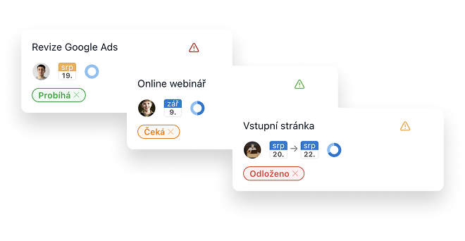 Úkoly s&nbsp;přiřazenými zodpovědnými osobami, stavy a&nbsp;termíny.
