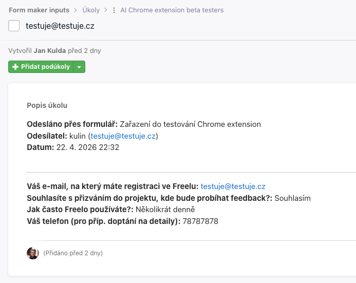Ukázka odpovědi z Freelo Form Maker