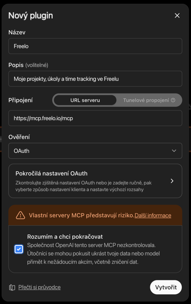 Vytvoření vlastního konektoru: vyplňte Name, MCP Server URL a&nbsp;zvolte OAuth.