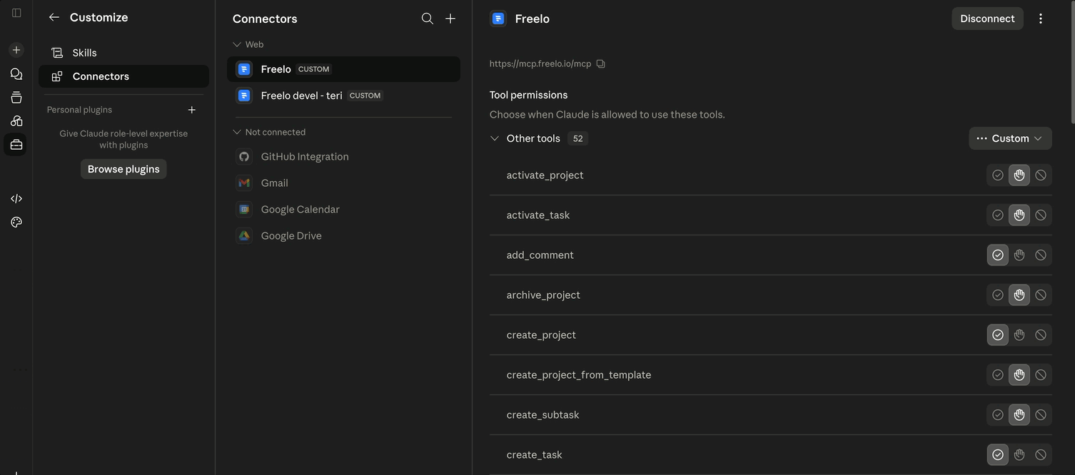 Přidání Freela jako vlastního konektoru v&nbsp;Claude. Pole pod Advanced settings nechte prázdná.