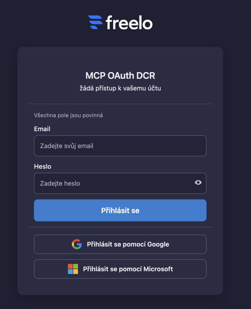 Přihlášení do Freela probíhá na známé stránce identity.freelo.io – stejné heslo jako do aplikace.