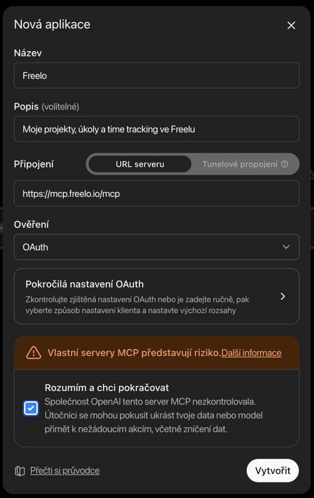 Vytvoření vlastního konektoru: vyplňte Name, MCP Server URL a&nbsp;zvolte OAuth.